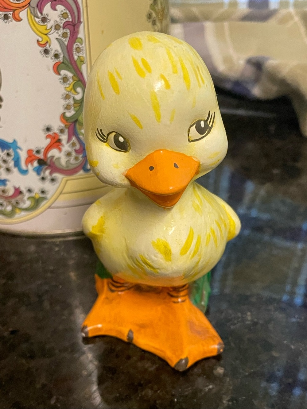 Vintage 1977 Hand Painted Ceramic Yellow Duckling Figurine Signed CEW 77